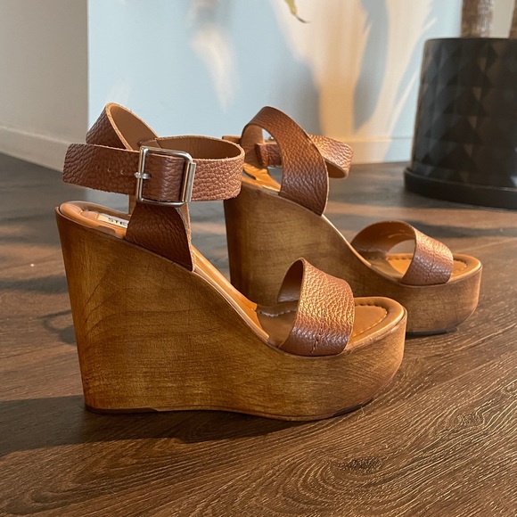Steve Madden 6.5 / 37 Belma Tan Leather Wood Wedge platform sandal cognac brown - Picture 6 of 15